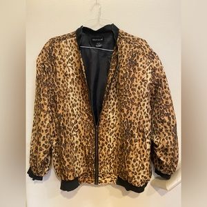 Leopard print silk bomber jacket with shoulder pads